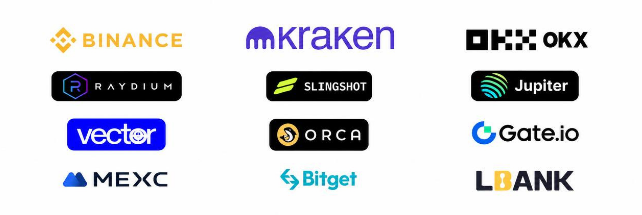 Exchanges and DEXs listing $DOGB: Binance, Kraken, OKX, Raydium, Slingshot, Jupiter, Vector, Orca, Gate.io, MEXC, Bitget, LBank